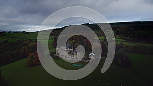 Belgium Ardennes Aerial view dolly shot along castle.