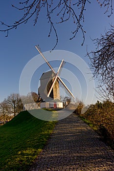 Belgium, Bruges, Bonne Chiere, a close up of a lush green field with path leading to windmill sunset
