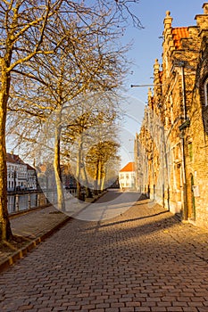 Belgium, Bruges, empty cobblestone street
