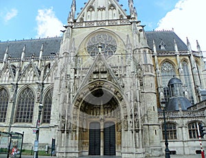 Belgium, Brussels, Regentschapsstraat, church of Our Blessed Lady of the Sablon, the main entrance and facade of the church