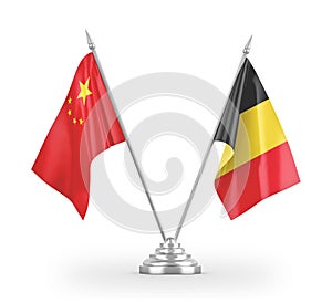 Belgium and China table flags isolated on white 3D rendering