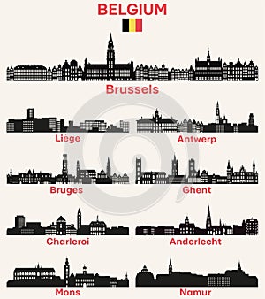 Belgium cities skylines silhouettes vector set