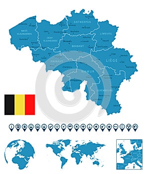 Belgium - detailed blue country map with cities, regions, location on world map and globe. Infographic icons