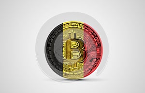 Belgium flag on a bitcoin cryptocurrency coin. 3D Rendering