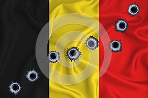 Belgium flag Close-up shot on waving background texture with bullet holes. The concept of design solutions. 3d rendering