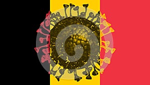 Belgium flag with an image of the Covid-19 virus in the flags colors