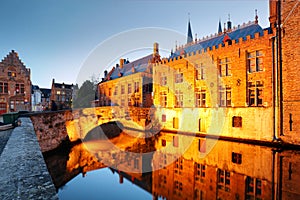 Belgium - Historical centre of  Bruges river view. Old Brugge buildings reflecting in water canal