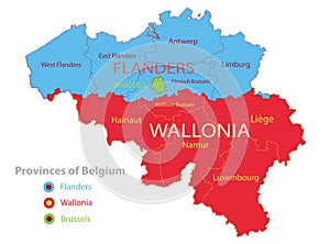 Belgium map, individual regions and provinces with names