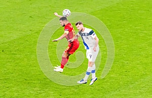 Belgium national football team midfielder Eden Hazard against Finland defender Joona Toivio during EURO 2020 match Finland vs