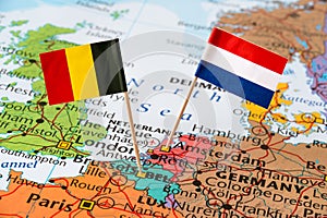 Belgium and Netherlands flags on map