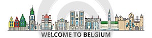 Belgium outline skyline, belgian flat thin line icons, landmarks, illustrations. Belgium cityscape, belgian travel city