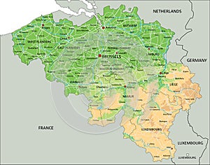 High detailed Belgium physical map with labeling.