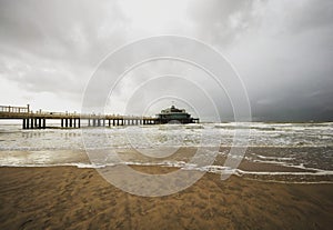 Belgium Pier at Blankenberge beach north sea atlantic ocean in West Flanders Belgium