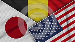 Belgium United States of America Japan Flags Together Fabric Texture Illustration