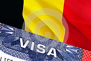 Belgium Visa Document, with Belgium flag in background. Belgium flag with Close up text VISA on USA visa stamp in passport,3D
