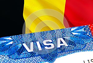 Belgium Visa. Travel to Belgium focusing on word VISA, 3D rendering. Belgium immigrate concept with visa in passport. Belgium
