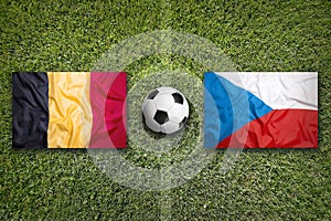 Belgium vs. Czech Republic flags on soccer field