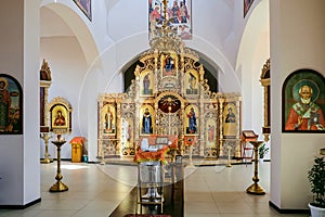 Font with a pulpit, an iconostasis and altar of the Russian Orthodox Church