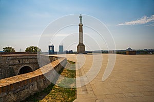 BELGRAD, SERBIA: Unidentified people at Statue of Victory in Belgrade. Erected on 1928 to commemorate the Kingdom of Serbia war