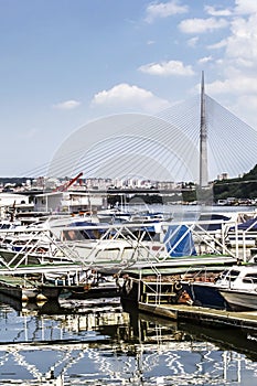 Belgrade - Boat Marina On Sava River With Bridge Over Ada Pylon