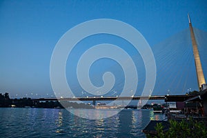 Belgrade bridge over the Sava river (Ada most) taken during a summer night with roads in front of rafts called