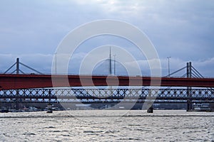 Belgrade brigdes over the Sava river Ada, Gazela, the old and the new railway bridges taken during a winter afternoon