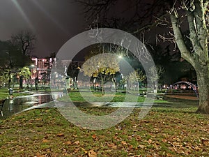 Belgrade city center by night student`s park after rain