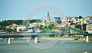 Belgrade city center view Sava River bridge Serbia