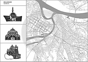 Belgrade city map with hand-drawn architecture icons