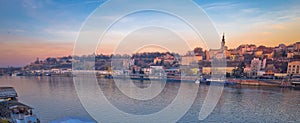 Belgrade Danube river boats and cityscape panoramic view