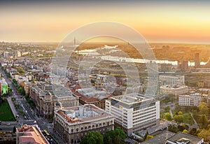 Belgrade downtown, Ada, Gazela bridges, Sava River Waterfront by dusk aerial panorama