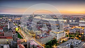 Belgrade downtown, Ada, Gazela bridges, Sava River Waterfront, New Belgade sunset aerial panorama