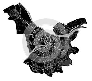 Belgrade map. Detailed black map of Belgrade city poster with streets. Cityscape urban vector