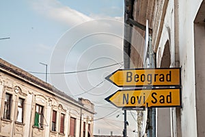 belgrade roadsign (beograd in serbian language) and novi sad roadsign on a highway serbian road. Belgrade and