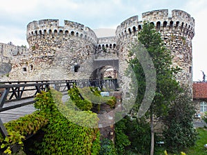 Belgrade's Kalemegdan Fortress with historic castle towers, gate and wooden bridge, Belgrade, Serbia.