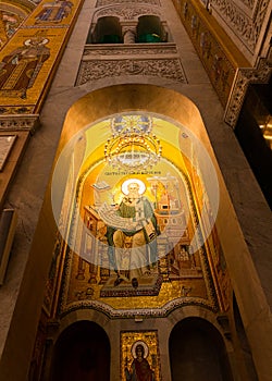 Belgrade, Serbia - December 20, 2022: Icon in mosaic in St. Sava Temple of Gregory of Nazianzus, aka Gregory the Theologian