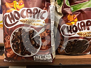 Chocapic logo on boxes of Cereal for sale. Part of Nestle, Chocapic is a brand of chocolate flavoured whole grain breakfast cereal