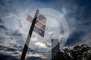 BELGRADE, SERBIA - JUNE 24, 2023: Bus stop sign on Usce Shopping mall in Novi beograde stop belonging to GSP Beograd, the Belgrade