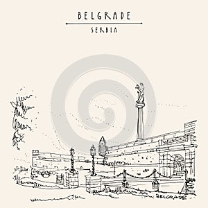 Belgrade, Serbia. Kalemegdan Fortress and Viktor Monument in Belgrade, Serbia. Hand drawing in retro style. Travel sketch. Vintage