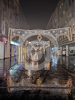 Belgrade Serbia main Street by night while raining