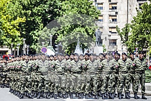 Rows of military troop marching on streets during sunny summer day