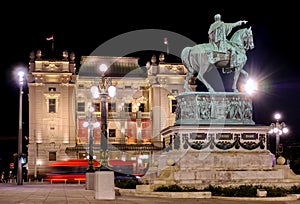 Statue of Prince Mihailo Obrenovic and National Theater of Serbia in Belgrade