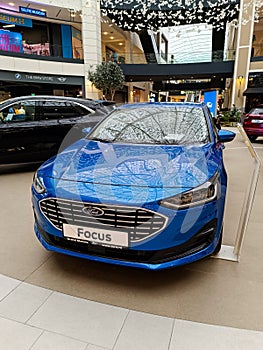 Belgrade, SERBIA - October 21, 2023: New model of a Ford Focus exibited at car show inside the shopping mall called Gallery (