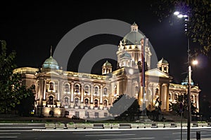 National Assembly of the Republic of Serbia building at night exterior view
