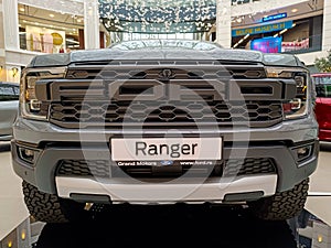 Belgrade, SERBIA - October 21, 2023: New model of a powerful V6 engine Ford Ranger Raptor truck exibited at car show inside the photo