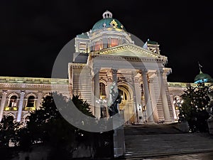 Belgrade Serbia Parliament bulding entrance by night