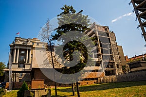 Belgrade, Serbia: The Yugoslav Ministry of Defence building, showing the damages from the NATO bombing of Yugoslavia