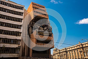 Belgrade, Serbia: The Yugoslav Ministry of Defence building, showing the damages from the NATO bombing of Yugoslavia