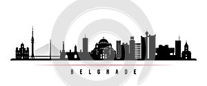 Belgrade skyline horizontal banner. Black and white silhouette of Belgrade, Serbia.