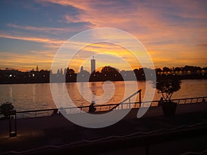 Belgrade sunset, river Sava, Belgrade waterfront